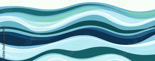Combine wavy, irregular stripes in cool blues and greens for a calming, oceanic feel, vector pattern background, flat style.