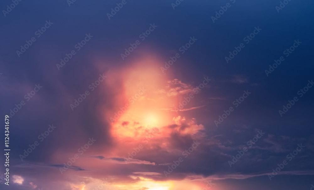 Fototapeta premium Sunset, Sky Blue and Cloud over Sea in the Evening with Orange,Pink,Yellow,Summer Sea Beach with Golden Sunlight,Horizon Seaside with Dramatic Dusk sky landscape with sunrise in Autumn,Winter Morning