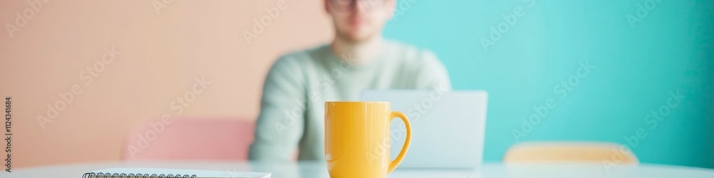 Young Man Engaged in Webinar in Modern Cafe with Laptop and Coffee Young Man Engaged in Webinar in Modern Cafe with Laptop and Coffee