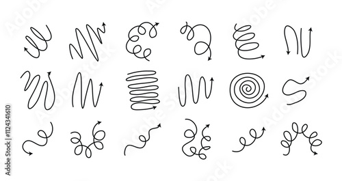 Spiral arrows Doodle set, hand drawn spring arrow coil icons flexible lines. Editable stroke