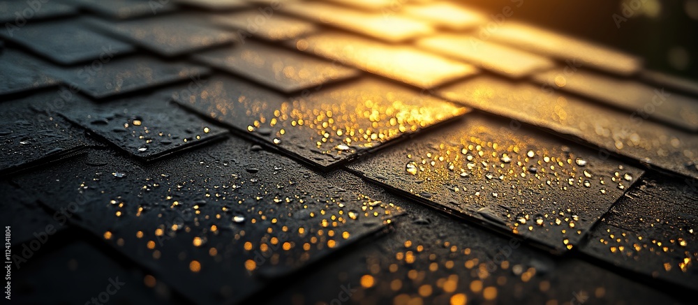 Golden Dew Drops on Dark Slate Roof Tiles Golden Dew Drops on Dark Slate Roof Tiles