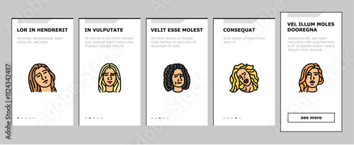facial expression female smile onboarding mobile vector pout smirk, glare wink, blush scowl, grin sneer, beam, grimace pout, sulk, glower facial expression female smile illustrations