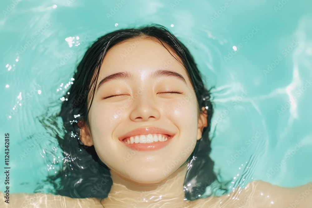 Smiling woman floating on her back in a blue pool Smiling woman floating on her back in a blue pool