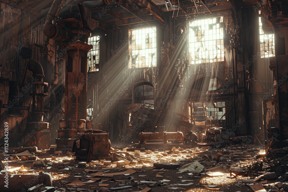 Sunlit abandoned warehouse showcasing beams of light through dusty windows. Sunlit abandoned warehouse showcasing beams of light through dusty windows.