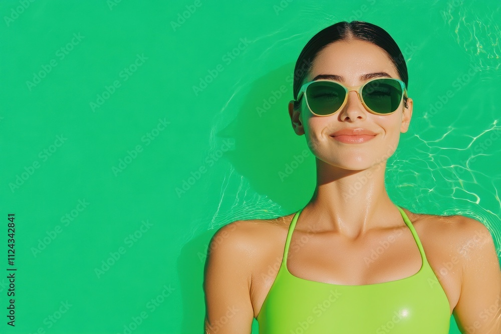 Woman in vibrant green swimwear and sunglasses floats