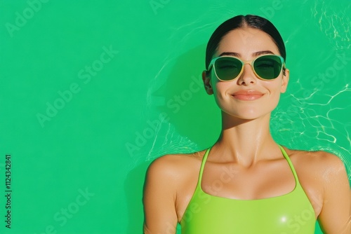 Obraz na płótnie Woman in vibrant green swimwear and sunglasses floats w salonie
