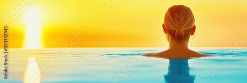 Serene Back View of Woman Relaxing in Sunset Pool photo