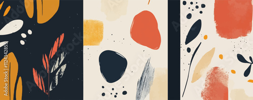 Craft mid-century vector sets with abstract shapes, subdued hues, and minimalist aesthetics. Perfect for background designs, branding, and decor, vector illustration, flat style.