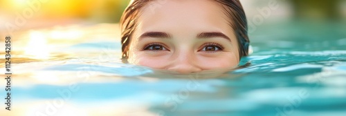 Close-Up of Girl Joyfully Swimming in Clear Water photo