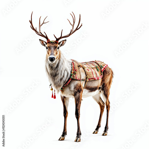 deer with christmas decorations on white background