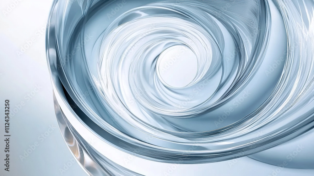 Close-up of inner glass tube with clear spiral shape presented in front of blurred white background, creating a modern abstract aesthetic effect with metallic texture, smooth curves, reflections. Close-up of inner glass tube with clear spiral shape presented in front of blurred white background, creating a modern abstract aesthetic effect with metallic texture, smooth curves, reflections.