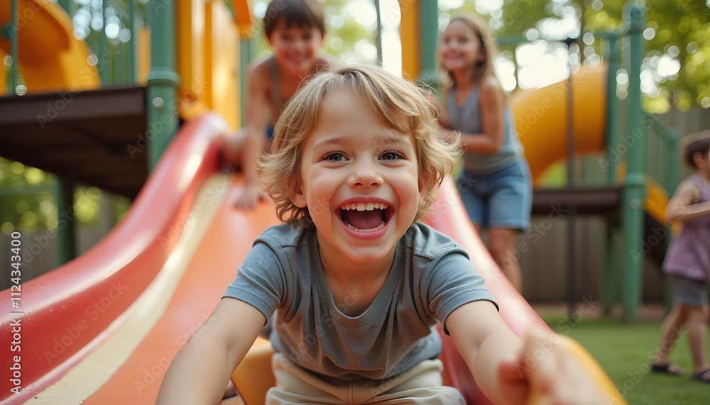 Joyful child laughing while sliding down a playground slide Joyful child laughing while sliding down a playground slide