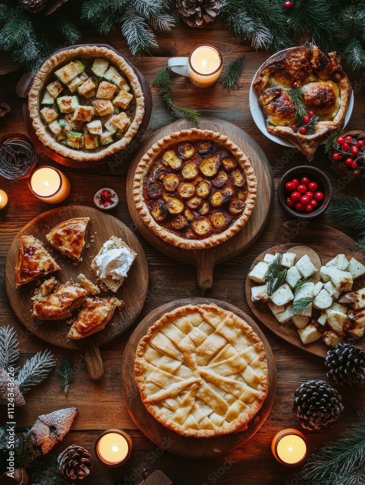 Cozy Festive Table Setting with Traditional Holiday Foods - Christmas, Thanksgiving, Winter Celebrations Cozy Festive Table Setting with Traditional Holiday Foods - Christmas, Thanksgiving, Winter Celebrations