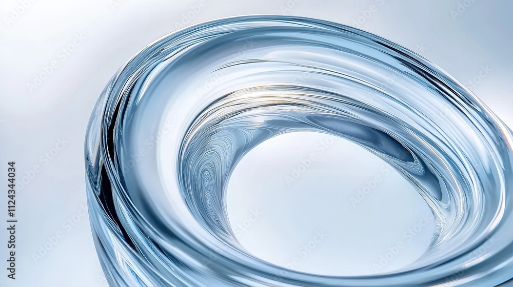 Close-up of inner glass tube with clear spiral shape presented in front of blurred white background, creating a modern abstract aesthetic effect with metallic texture, smooth curves, reflections. Close-up of inner glass tube with clear spiral shape presented in front of blurred white background, creating a modern abstract aesthetic effect with metallic texture, smooth curves, reflections.