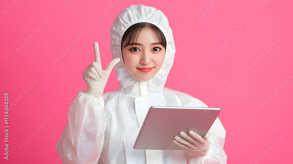 Young woman in protective suit, holding tablet, points up.
