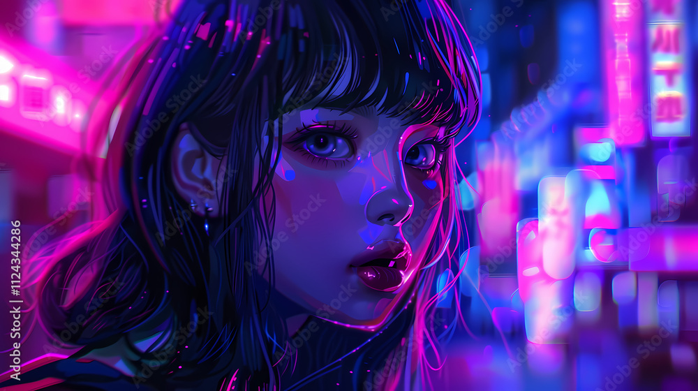 Neon Dreams: A captivating digital art portrait of a young woman with dark hair bathed in vibrant neon pink and blue lights, a mesmerizing backdrop of an urban night cityscape. The woman's gaze. Neon Dreams: A captivating digital art portrait of a young woman with dark hair bathed in vibrant neon pink and blue lights, a mesmerizing backdrop of an urban night cityscape. The woman's gaze.
