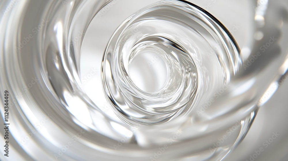 Close-up of inner glass tube with clear spiral shape presented in front of blurred white background, creating a modern abstract aesthetic effect with metallic texture, smooth curves, reflections. Close-up of inner glass tube with clear spiral shape presented in front of blurred white background, creating a modern abstract aesthetic effect with metallic texture, smooth curves, reflections.
