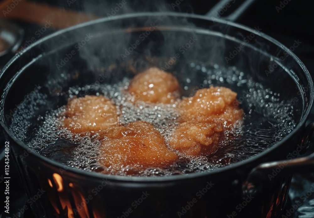 Crispy Fried Delicacies Bubbling in a Pot of Hot Oil, Capturing the Essence of Home Cooking with Steam Rising Against a Dark Background Crispy Fried Delicacies Bubbling in a Pot of Hot Oil, Capturing the Essence of Home Cooking with Steam Rising Against a Dark Background