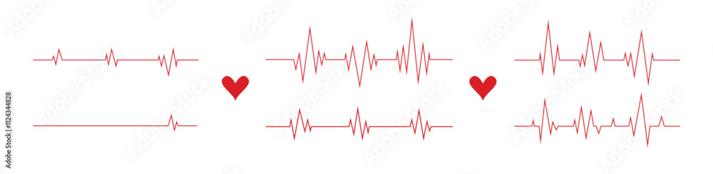 Heartbeat line. Pulse cardiogram Icons of heart beat. Ecg Electrocardiogram with healthy rhythm, cardio attack, ischemia, infarction. Symbol for cardiac Heartbeat line. Pulse cardiogram Icons of heart beat. Ecg Electrocardiogram with healthy rhythm, cardio attack, ischemia, infarction. Symbol for cardiac