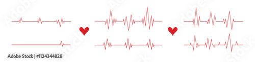 Heartbeat line. Pulse cardiogram Icons of heart beat. Ecg Electrocardiogram with healthy rhythm, cardio attack, ischemia, infarction. Symbol for cardiac