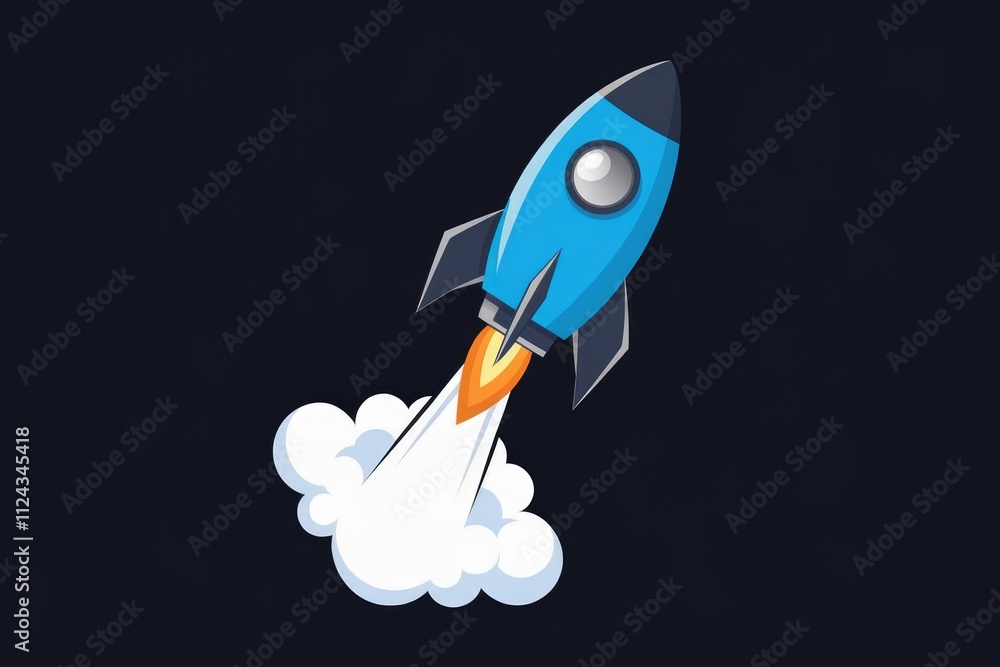 A vibrant blue rocket blasts off, leaving a trail of white smoke against a dark background. A vibrant blue rocket blasts off, leaving a trail of white smoke against a dark background.