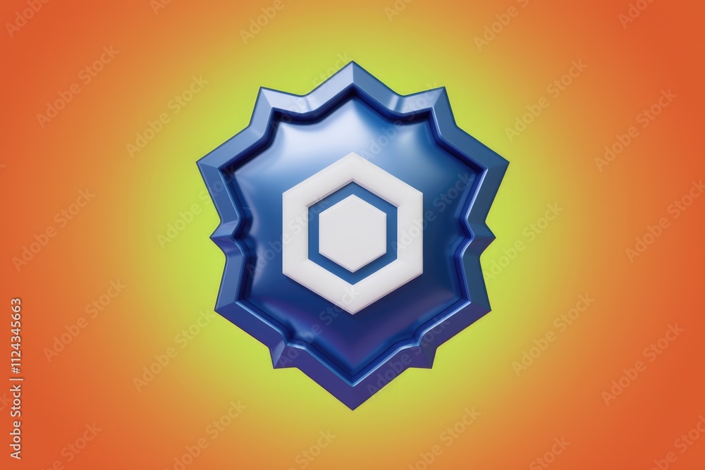 A blue, star-shaped emblem with a white hexagonal design in the center, set against a vibrant orange-yellow gradient background. A blue, star-shaped emblem with a white hexagonal design in the center, set against a vibrant orange-yellow gradient background.