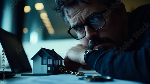 Man Contemplating House Model, Real Estate Decisions, Worried Expression, Financial Concerns, Homeownership Challenges, Serious Face, Nighttime Setting, Close-up Portrait