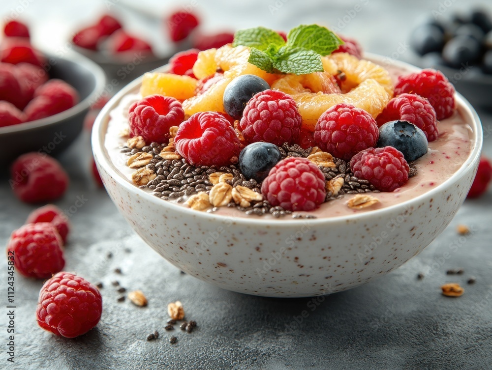 A colorful bowl of yogurt topped with fresh fruits and seeds. A colorful bowl of yogurt topped with fresh fruits and seeds.