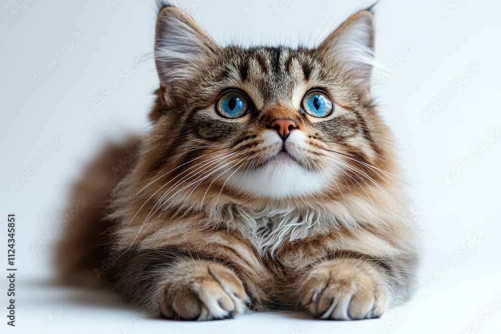 Fluffy Tabby Cat with Striking Blue Eyes White Background Fluffy Tabby Cat with Striking Blue Eyes White Background