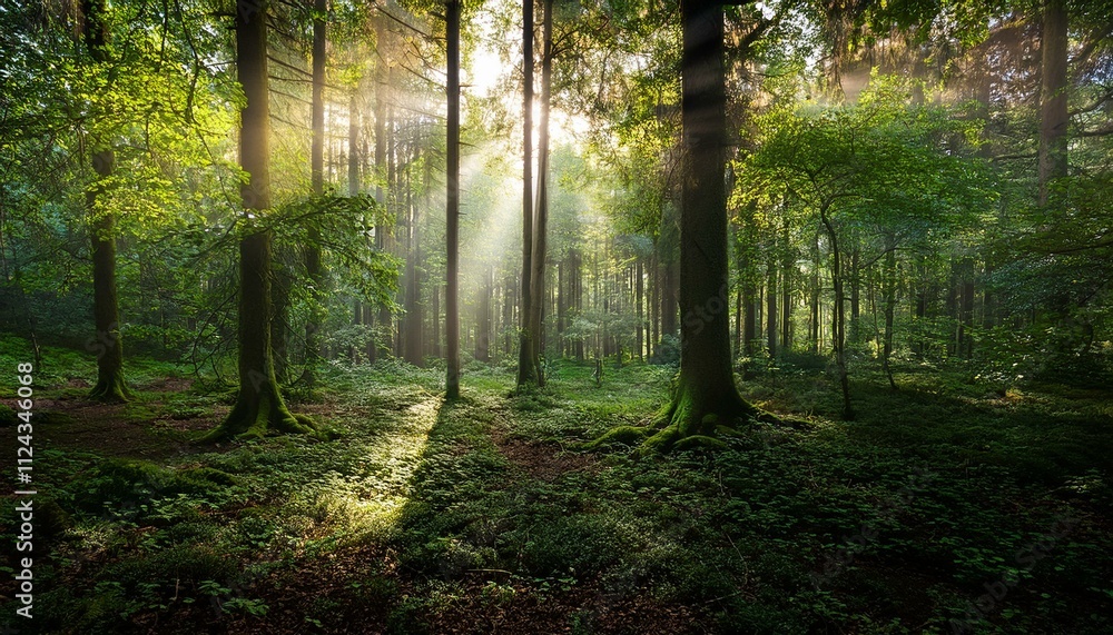 Fototapeta premium Generated image: Dark green forest background with natural light streaming through a dense canopy of trees.