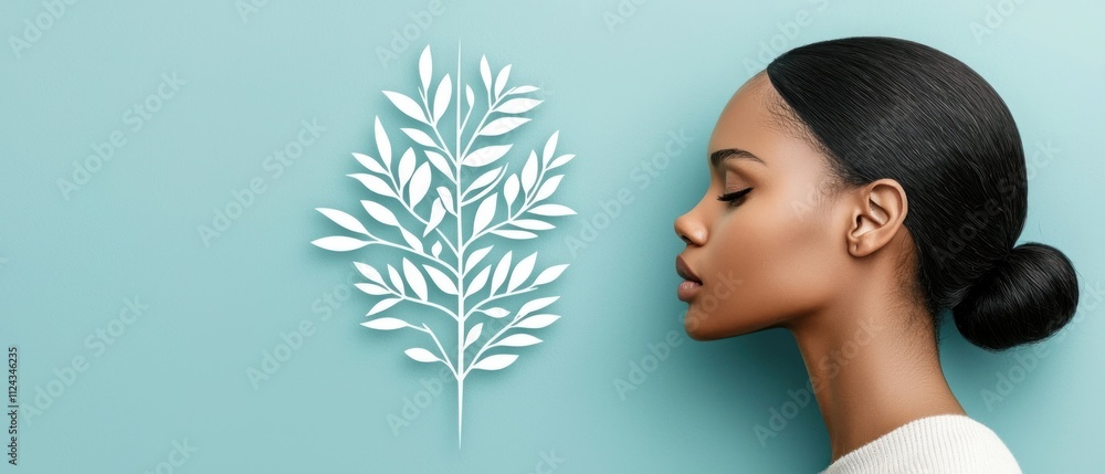Woman's profile against green backdrop with leaf design minimalist aesthetic calm mood Woman's profile against green backdrop with leaf design minimalist aesthetic calm mood