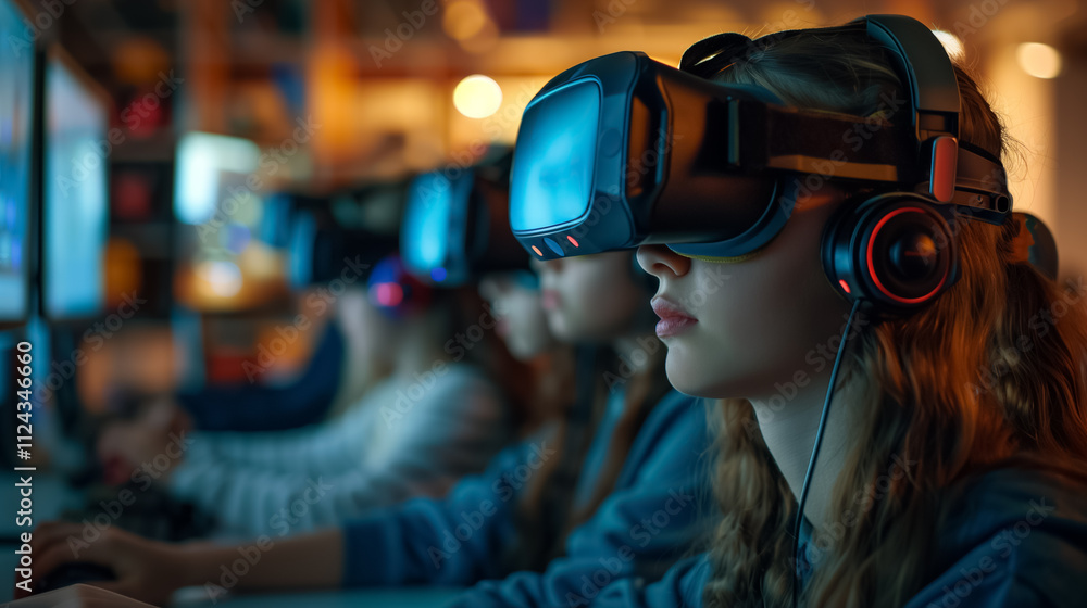 Classroom of Kids Engaging in Virtual Reality Learning with VR Glasses Classroom of Kids Engaging in Virtual Reality Learning with VR Glasses