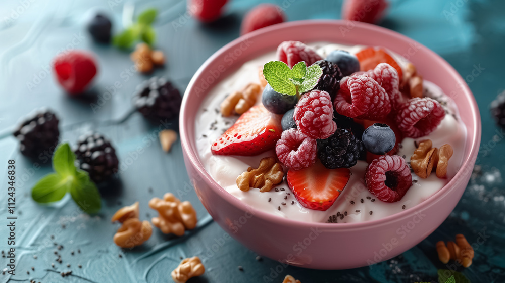 Creative Breakfast Dessert with Topping Fruits in a Pink Bowl Creative Breakfast Dessert with Topping Fruits in a Pink Bowl