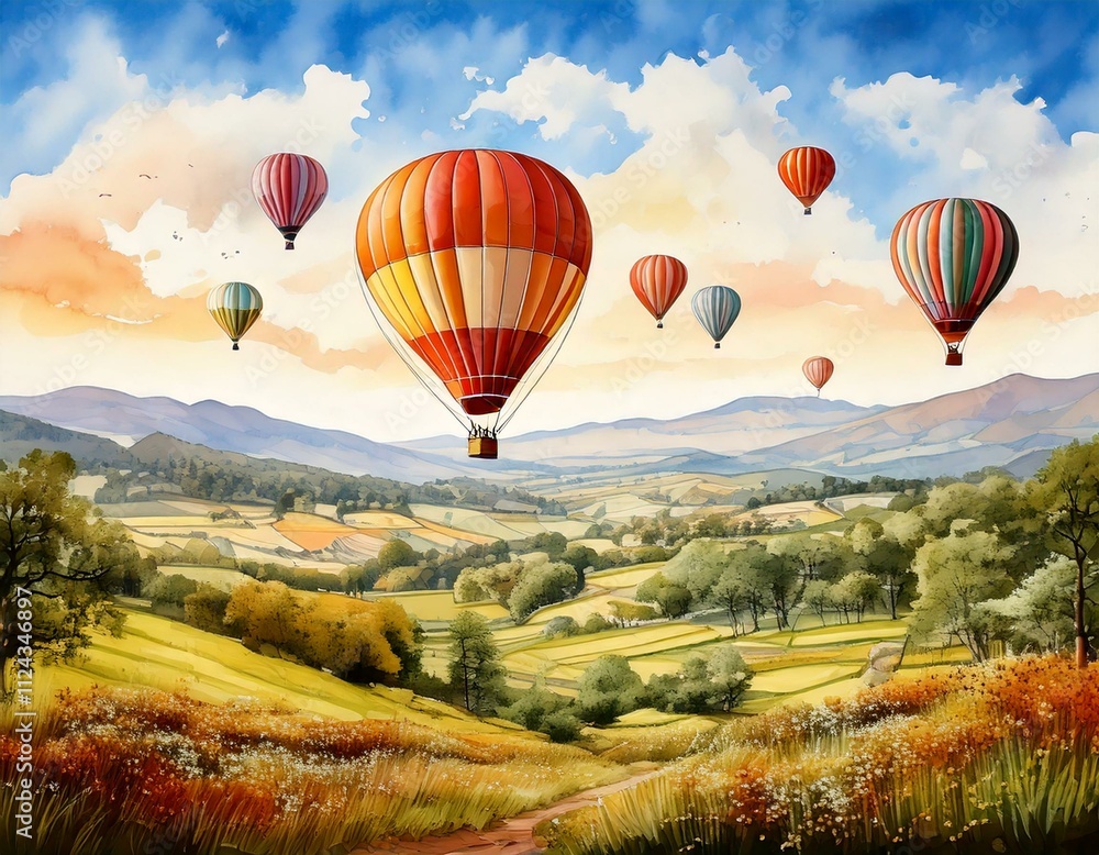 Fototapeta premium Hot air balloons floating over a serene countryside, captured in soft watercolor tones
