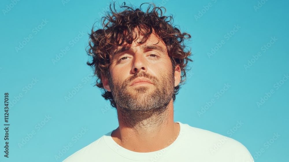 Obraz premium Casual Summer Portrait of a Young Man Under Clear Blue Sky
