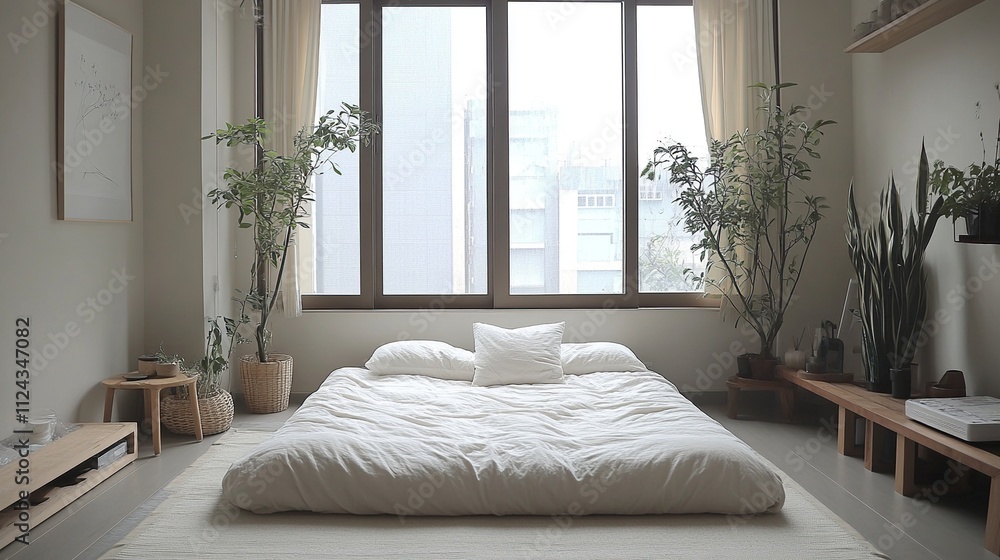 Minimalist bedroom with floor bed, large windows, and plants. Minimalist bedroom with floor bed, large windows, and plants.