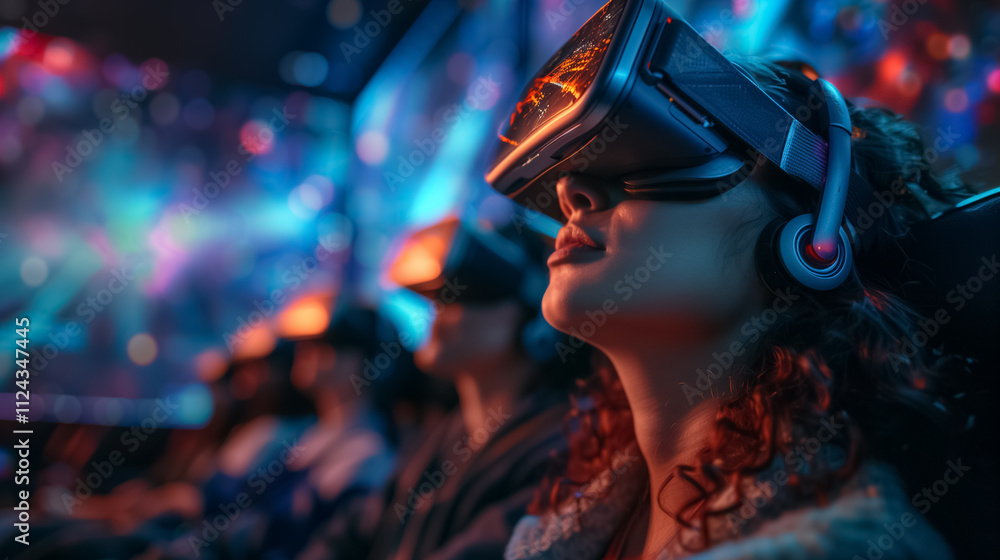 Group of People with VR Headsets Watching a Visual Movie in a Digital 3D Cinema Environment Group of People with VR Headsets Watching a Visual Movie in a Digital 3D Cinema Environment