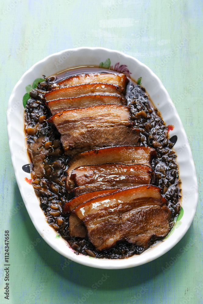 traditional chinese braised pork belly with preserved vegetables