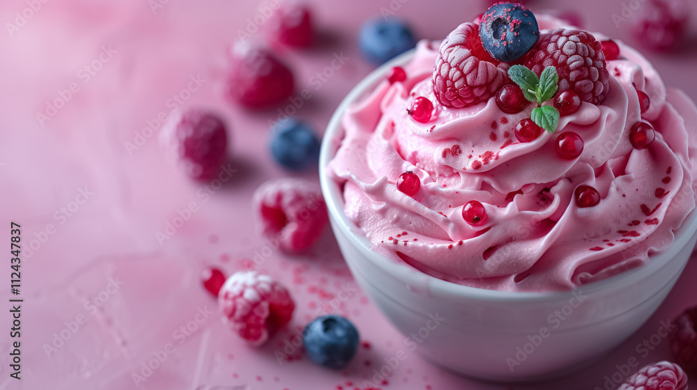 Top View of Raspberries and Blueberries Dropping into White Bowl of Ice Cream on Pink Background Top View of Raspberries and Blueberries Dropping into White Bowl of Ice Cream on Pink Background