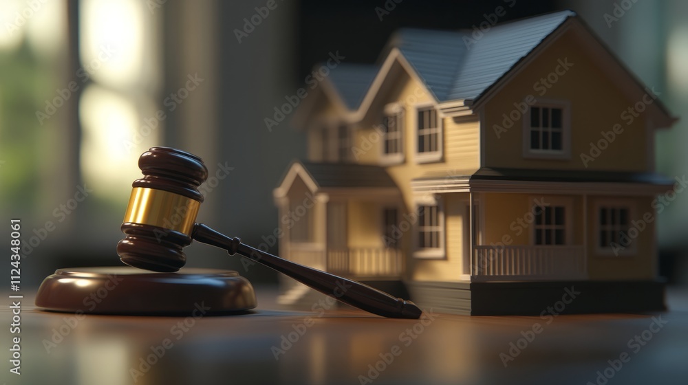 Close-up of a judge gavel resting next to a small house model, emphasizing legal concepts. Close-up of a judge gavel resting next to a small house model, emphasizing legal concepts.