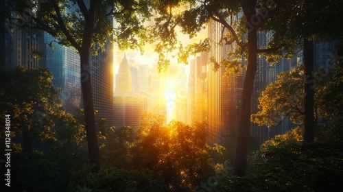 Fototapeta Naklejka Na Ścianę i Meble -  Sunrise over urban jungle city skyline nature photography urban environment perspective on nature's resilience