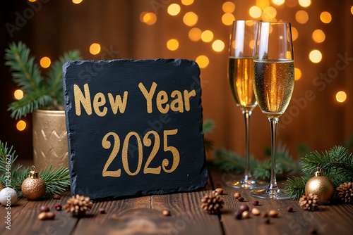 Happy New Year 2025 - Greeting Card - Black slate board with golden English text. Christmas decoration on rustic wood with Champagne glasses and golden lights from fireworks in background