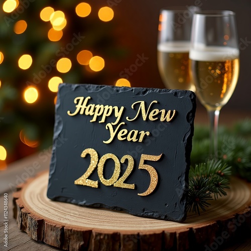 Happy New Year 2025 - Greeting Card - Black slate board with golden English text. Christmas decoration on rustic wood with Champagne glasses and golden lights from fireworks in background