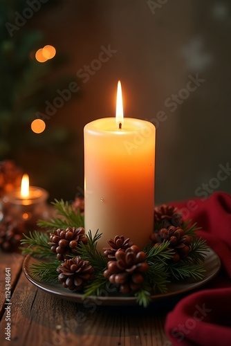 Christmas Candle with natural decoration - Advent - Christmas and New Year Greeting Card, Banner