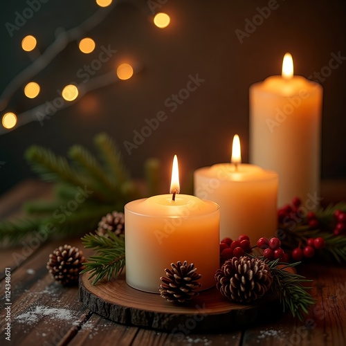 Christmas Candle with natural decoration - Advent - Christmas and New Year Greeting Card, Banner