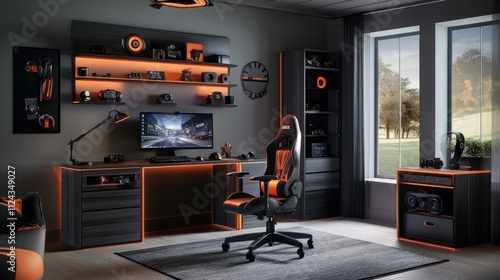 Modern gaming room setup with desk, chair, shelves, and LED lighting.