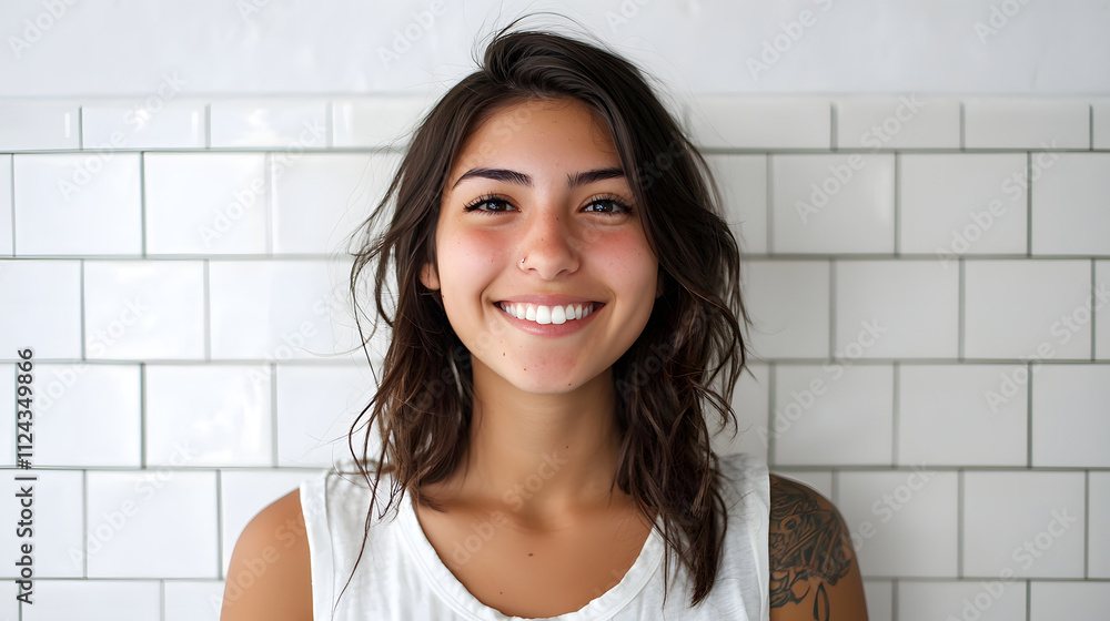 Smiling woman with long hair in casual white tank top against tiled background, radiating joy and confidence Smiling woman with long hair in casual white tank top against tiled background, radiating joy and confidence