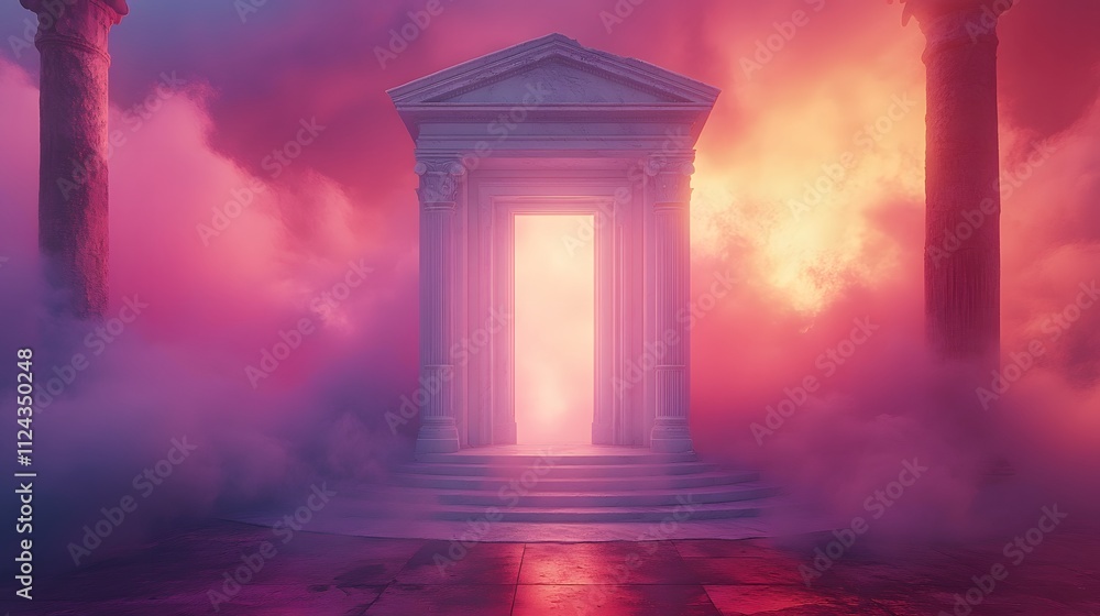 Naklejka premium Glowing portal in a mystical temple setting with columns and fog.