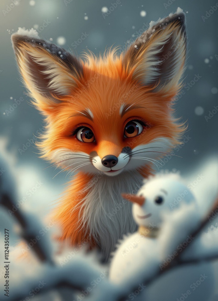 Fototapeta premium Cute fox with bright eyes and fluffy fur playing with a snowman in a snowy landscape