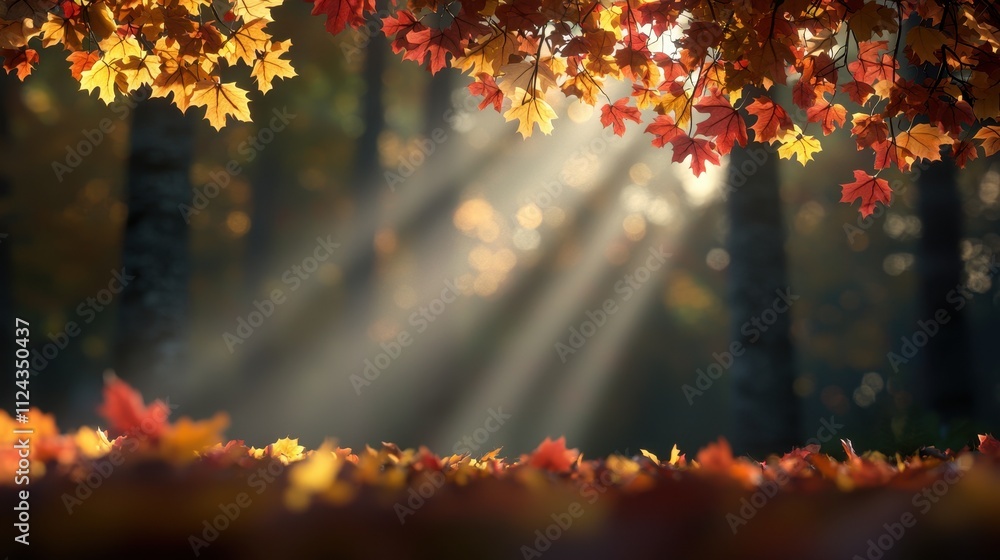 A serene forest scene capturing vibrant autumn leaves with sunlight streaming through the trees, creating a warm and peaceful atmosphere. A serene forest scene capturing vibrant autumn leaves with sunlight streaming through the trees, creating a warm and peaceful atmosphere.